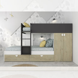 Dormitorio 1652 con cama alta y escritorio debajo en blanco y roble